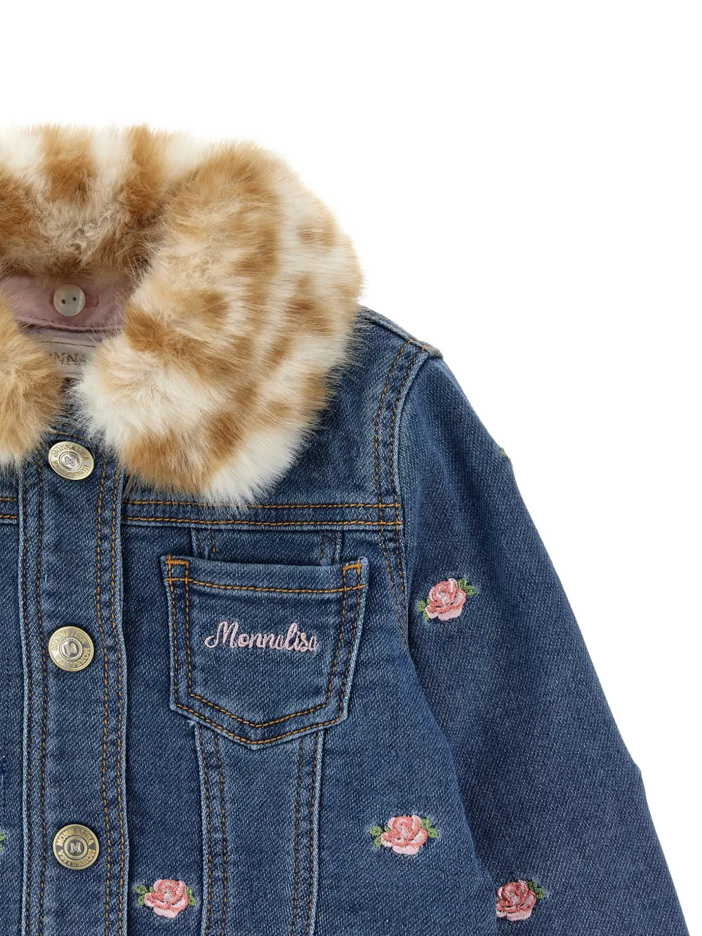Monnalisa Denim jack met kraag van imitatiebont en geborduurde bloemen Blauw