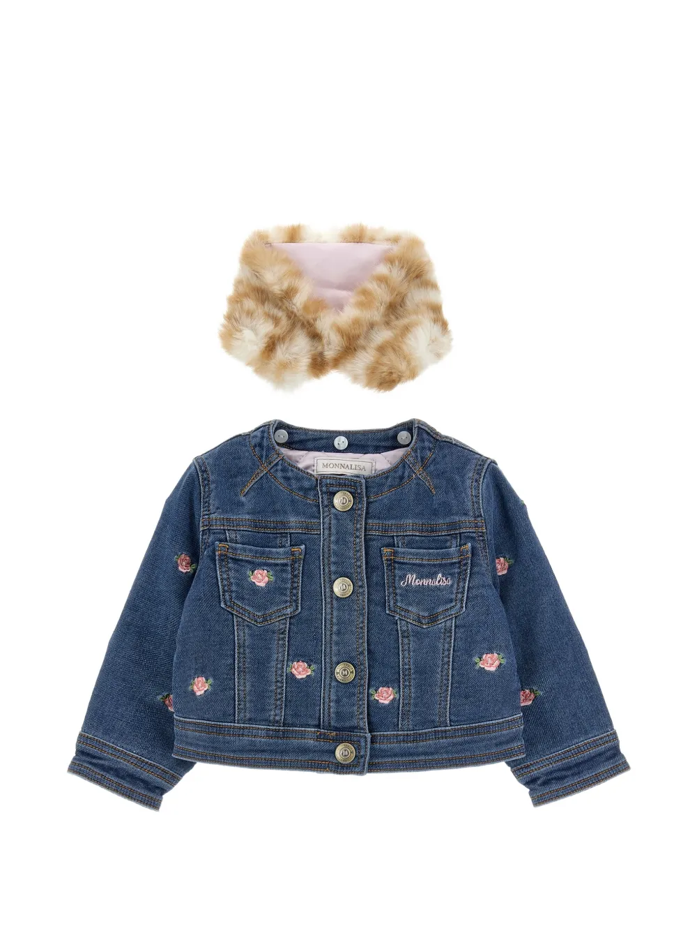 Monnalisa Denim jack met kraag van imitatiebont en geborduurde bloemen Blauw
