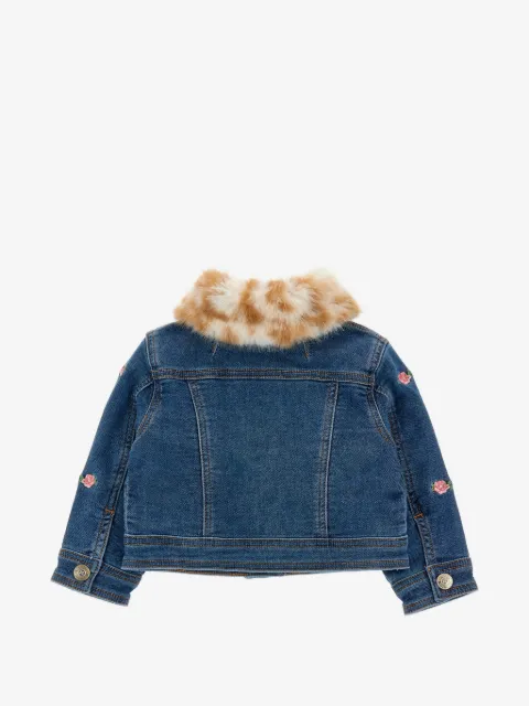 Monnalisa floral-embroidered faux-fur-collar denim jacket