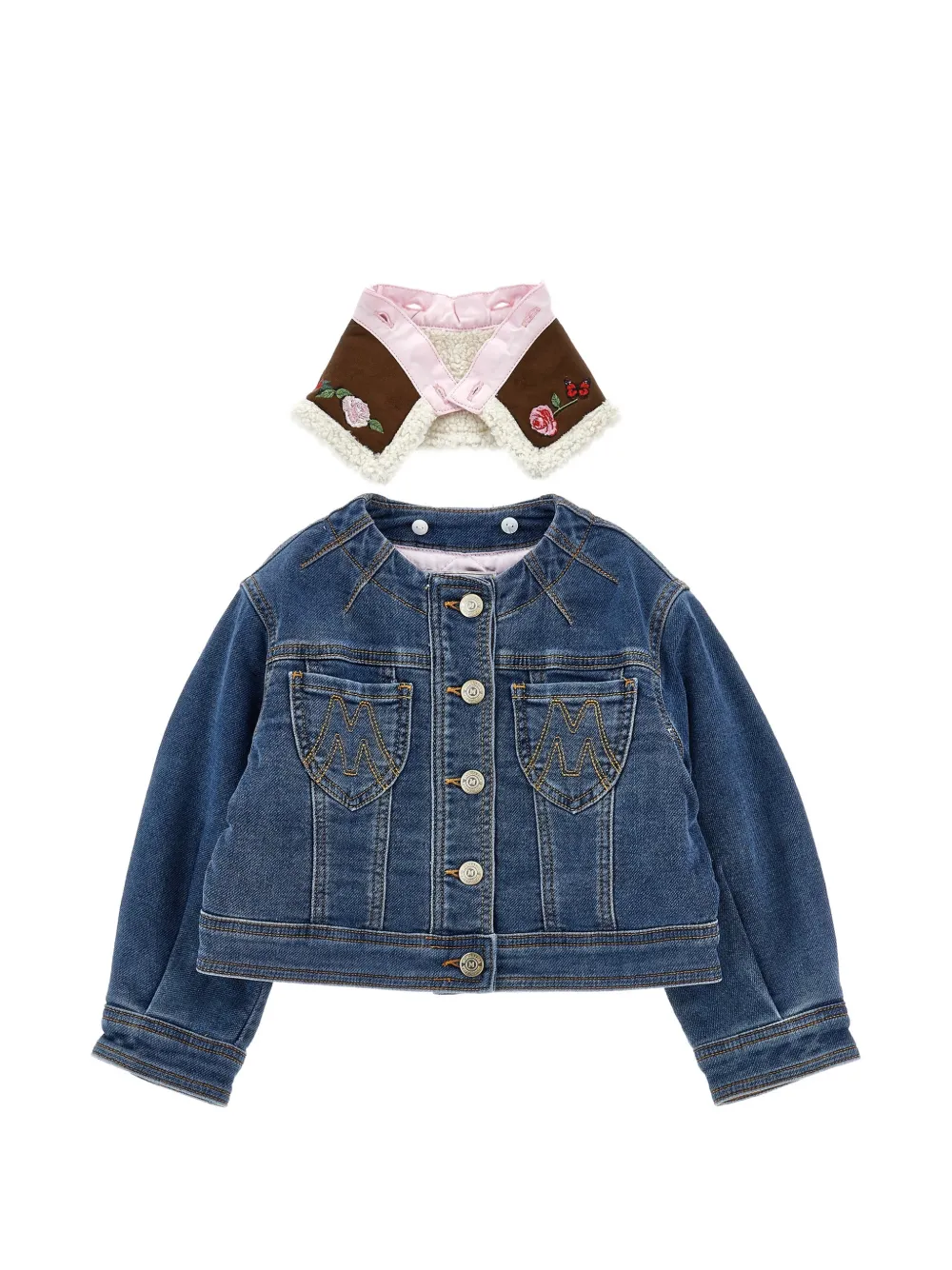 Monnalisa Denim jack met afneembare kraag en geborduurde bloemen Blauw