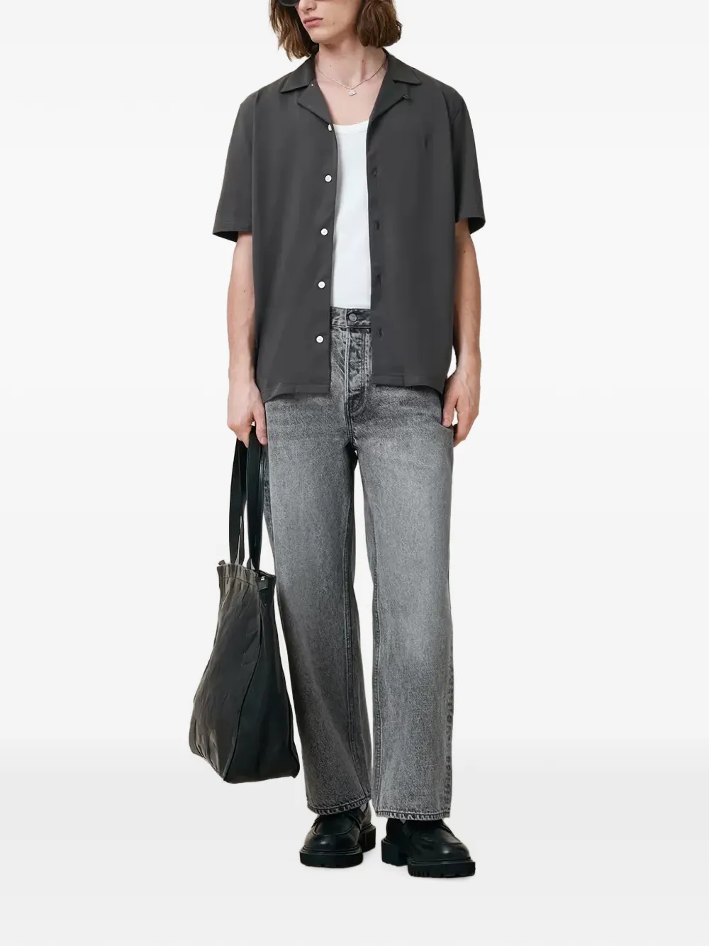 AllSaints Hudson overhemd met geborduurd logo en korte mouwen Grijs