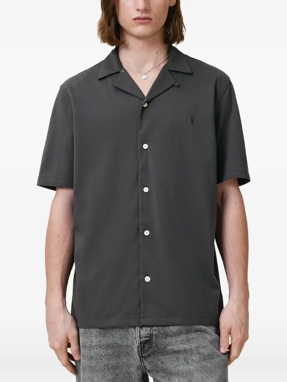 AllSaints Hudson overhemd met geborduurd logo en korte mouwen Grijs