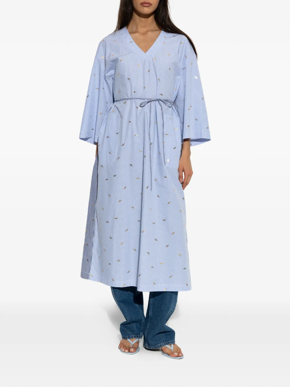 MUNTHE Byrus gestreepte midi-jurk met vogelprint Blauw