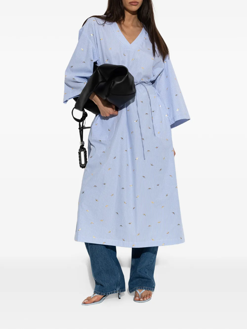 MUNTHE Byrus gestreepte midi-jurk met vogelprint Blauw