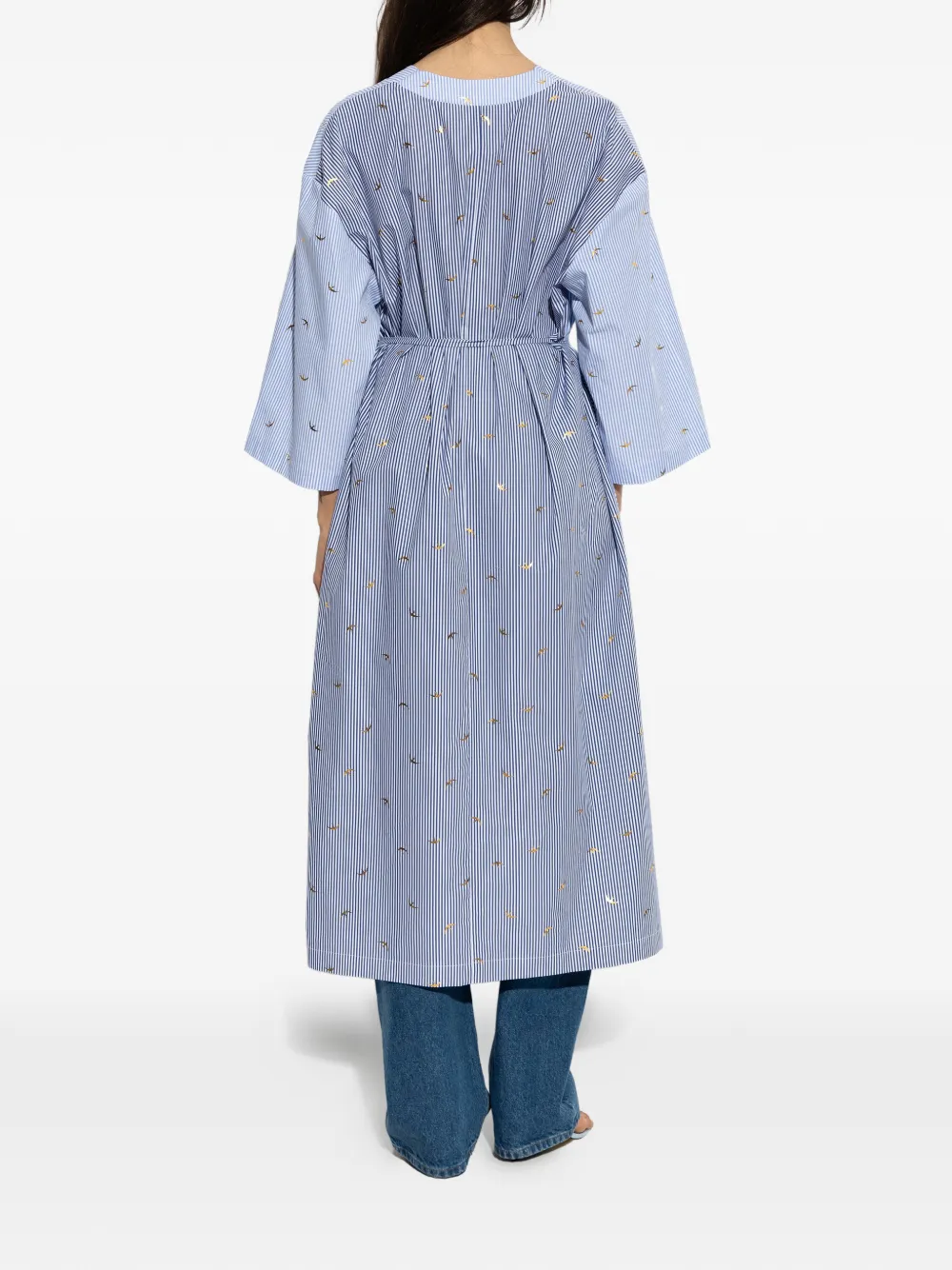 MUNTHE Byrus gestreepte midi-jurk met vogelprint Blauw