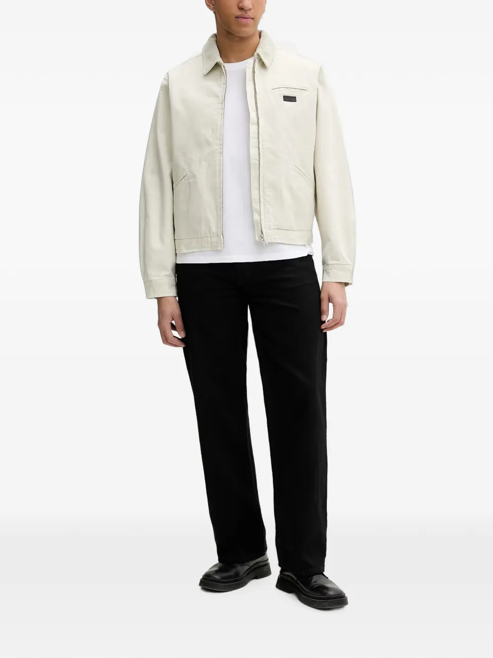 AllSaints Ruimvallend jack met ribfluwelen kraag en logo-patch Beige