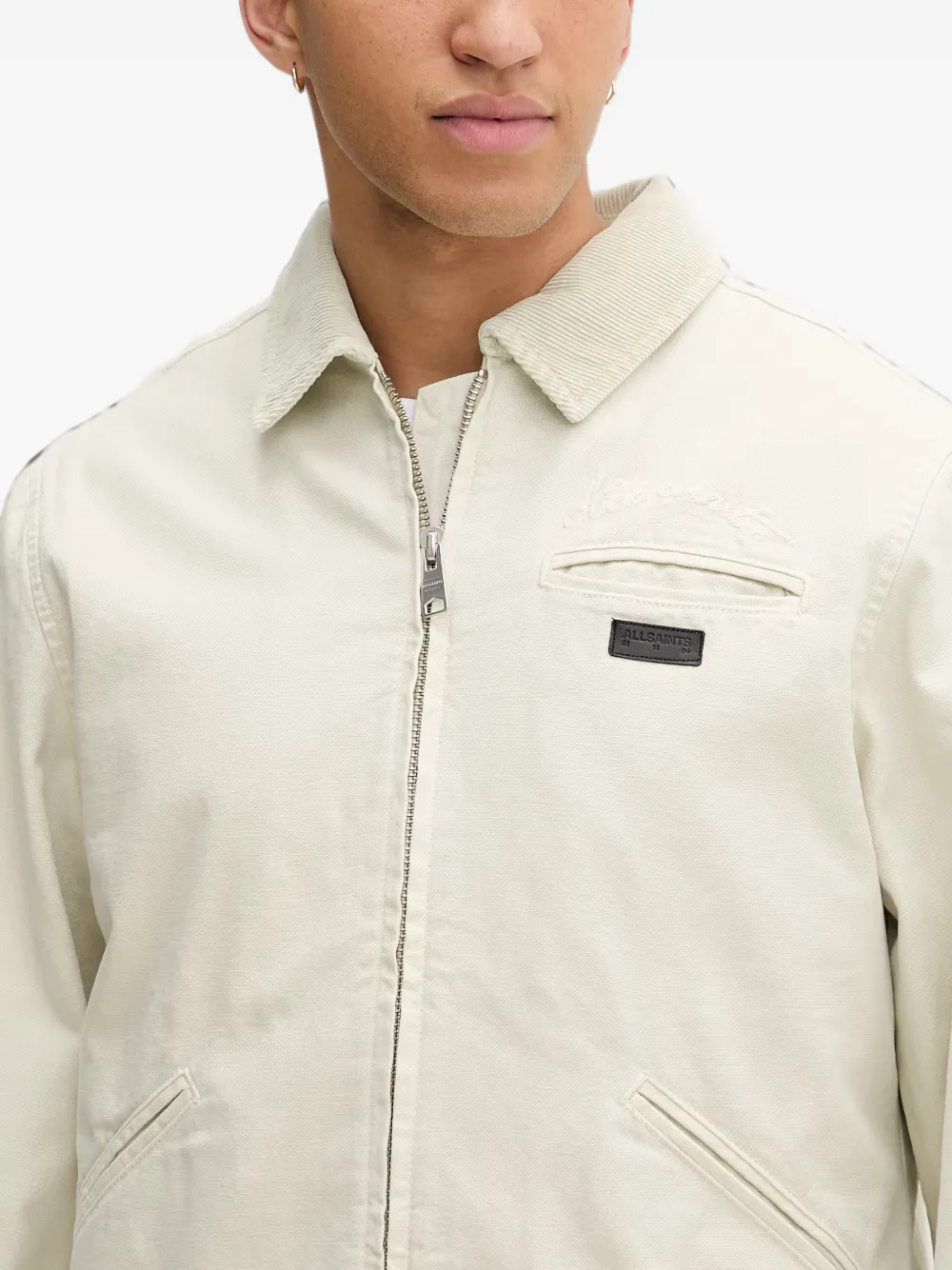 AllSaints Ruimvallend jack met ribfluwelen kraag en logo-patch Beige