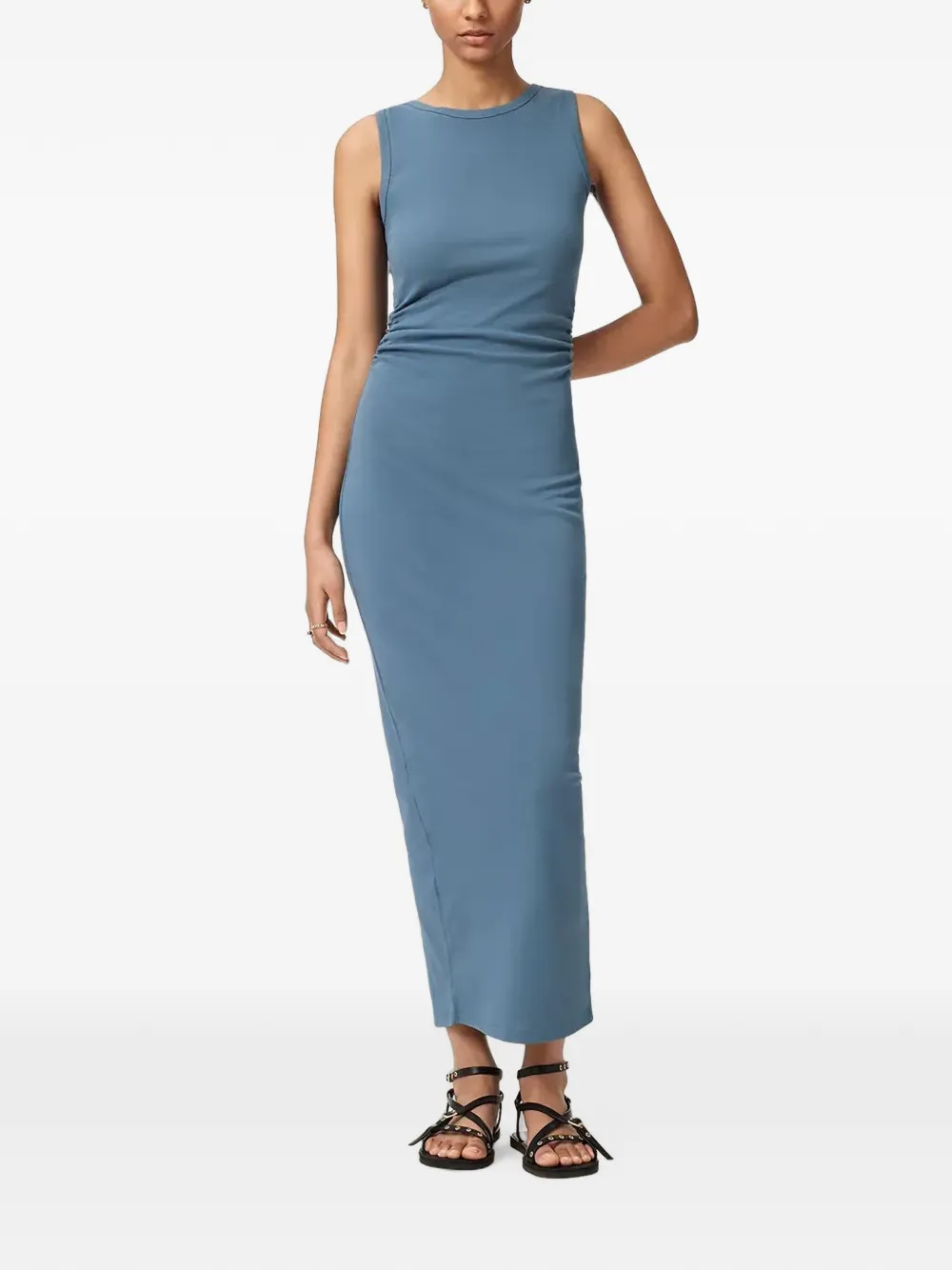 AllSaints Slim-fit mouwloze jurk met boothals en ruches Blauw