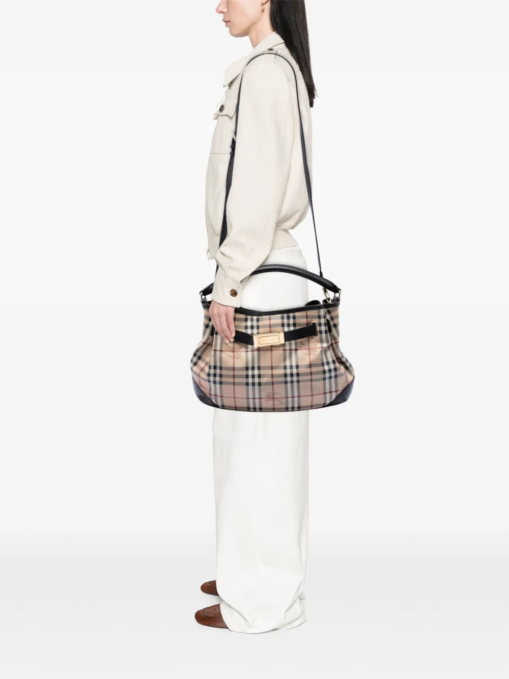  Burberry Pre-owned Sac à Main Willenmore Hobo Médium En Toile Enduite à Motif Haymarket Check (2000-2017) - Tons Neutres 