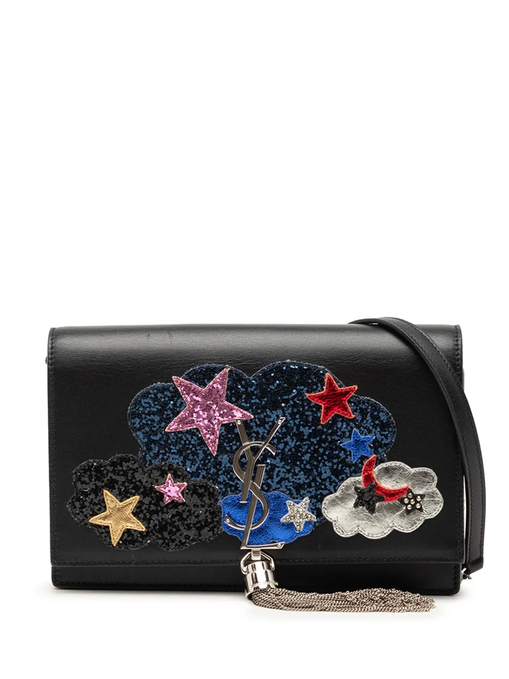 Pre-owned Saint Laurent 2016 Calfskin Cloud Star Applique Classic Monogram Kate Tassel Wallet On Chain Crossbody Bag In Black
