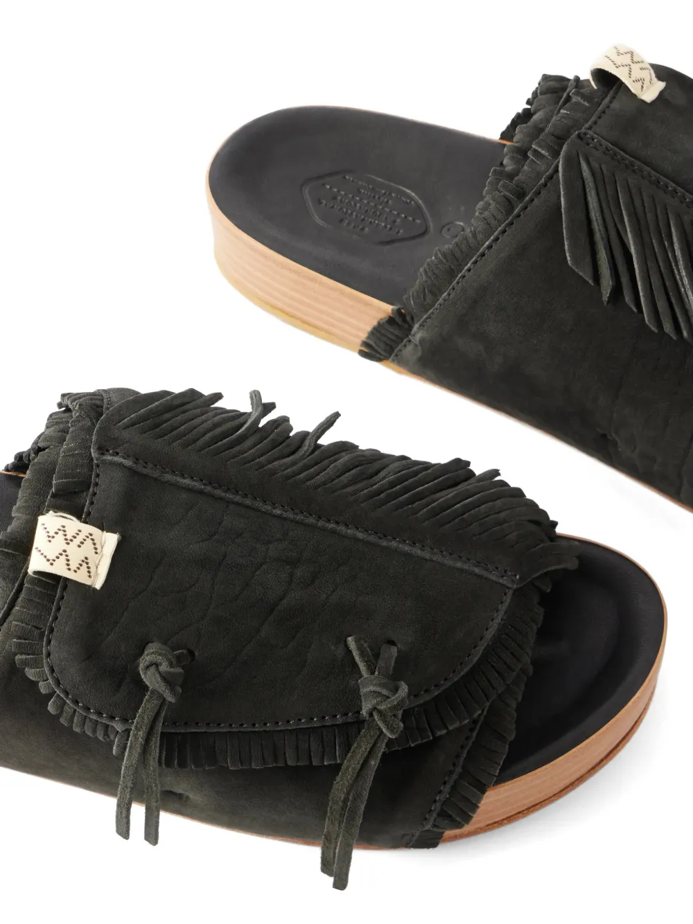 visvim fringed leather slides Zwart