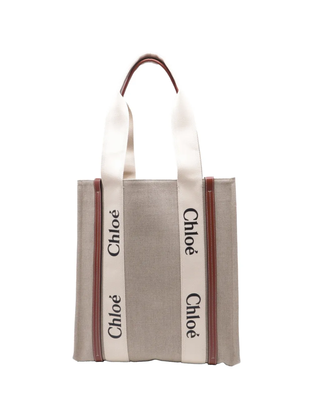 Pre-owned Chloé Vintage Woody Leather-trim Tote Bag In Neutral