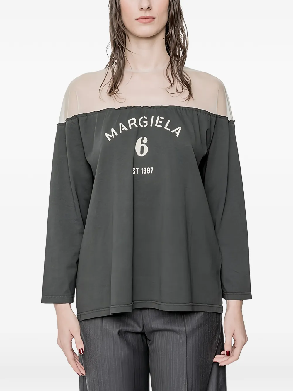 MM6 Maison Margiela logo-print mesh-panel blouse - Grau