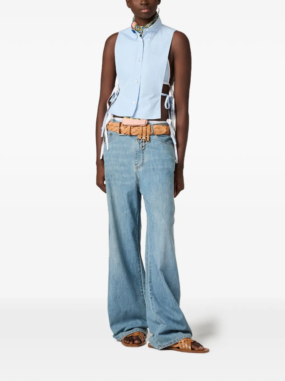  Miu Miu Vaqueros Anchos Con Logo Bordado - Azul 