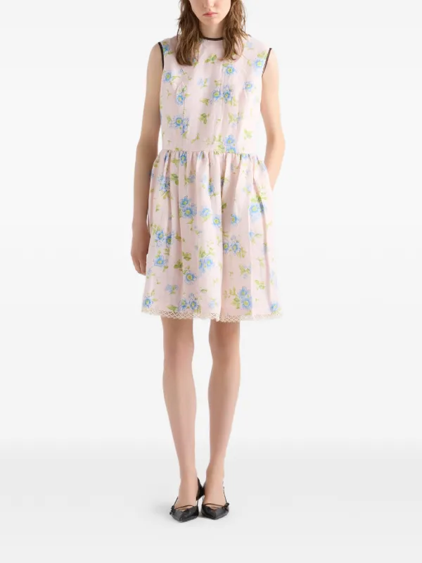 Prada Women's Pleated Floral-Print Linen Dress - Natural - Mini dresses