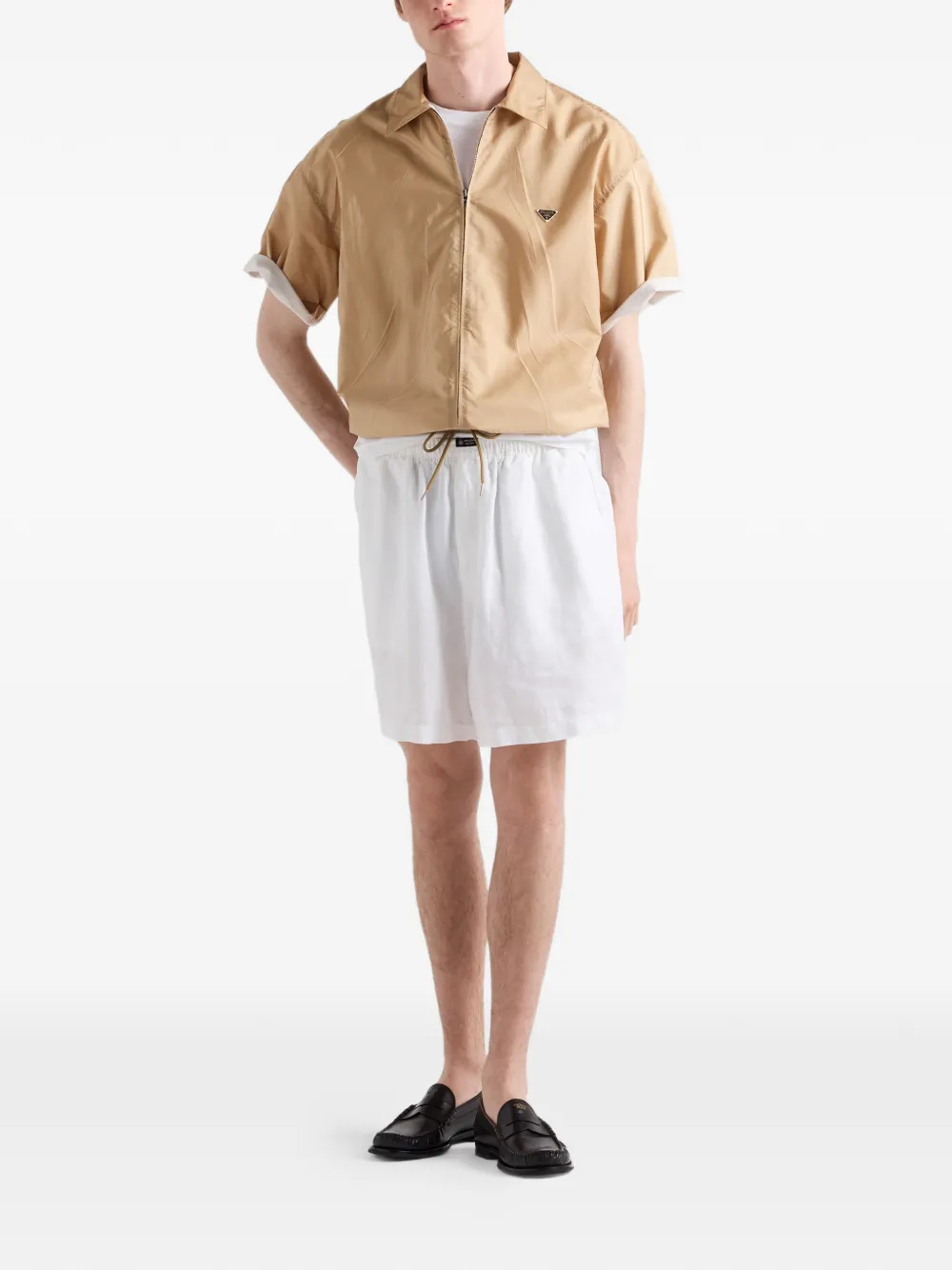 Prada Re-Nylon overhemd met korte mouwen en rits Bruin