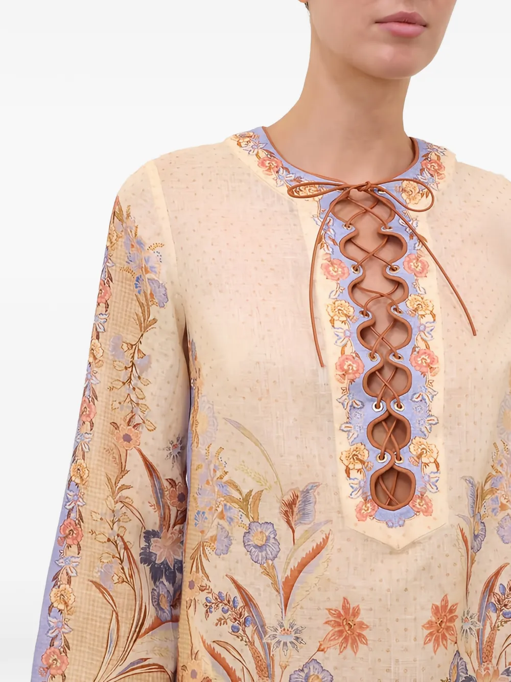 ZIMMERMANN Indra mini-jurk met bloemen-print en veters Beige