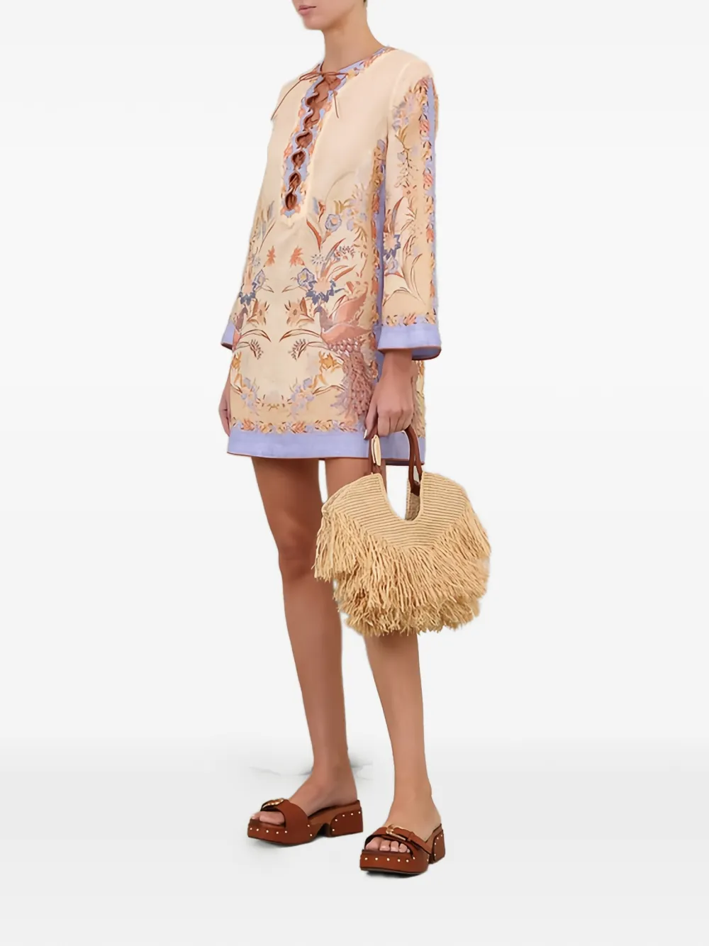 ZIMMERMANN Indra mini-jurk met bloemen-print en veters Beige