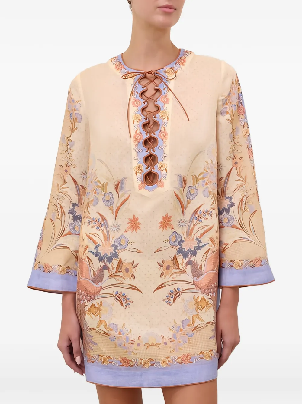 ZIMMERMANN Indra mini-jurk met bloemen-print en veters Beige
