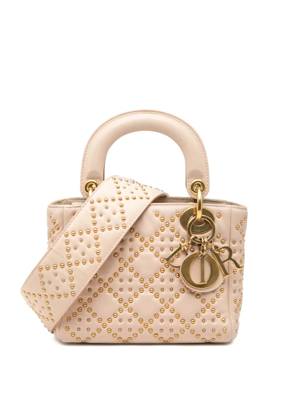 Christian Dior Pre-Owned 2017 Mini Lambskin Cannage Studded Supple Lady Dior satchel - Marrone