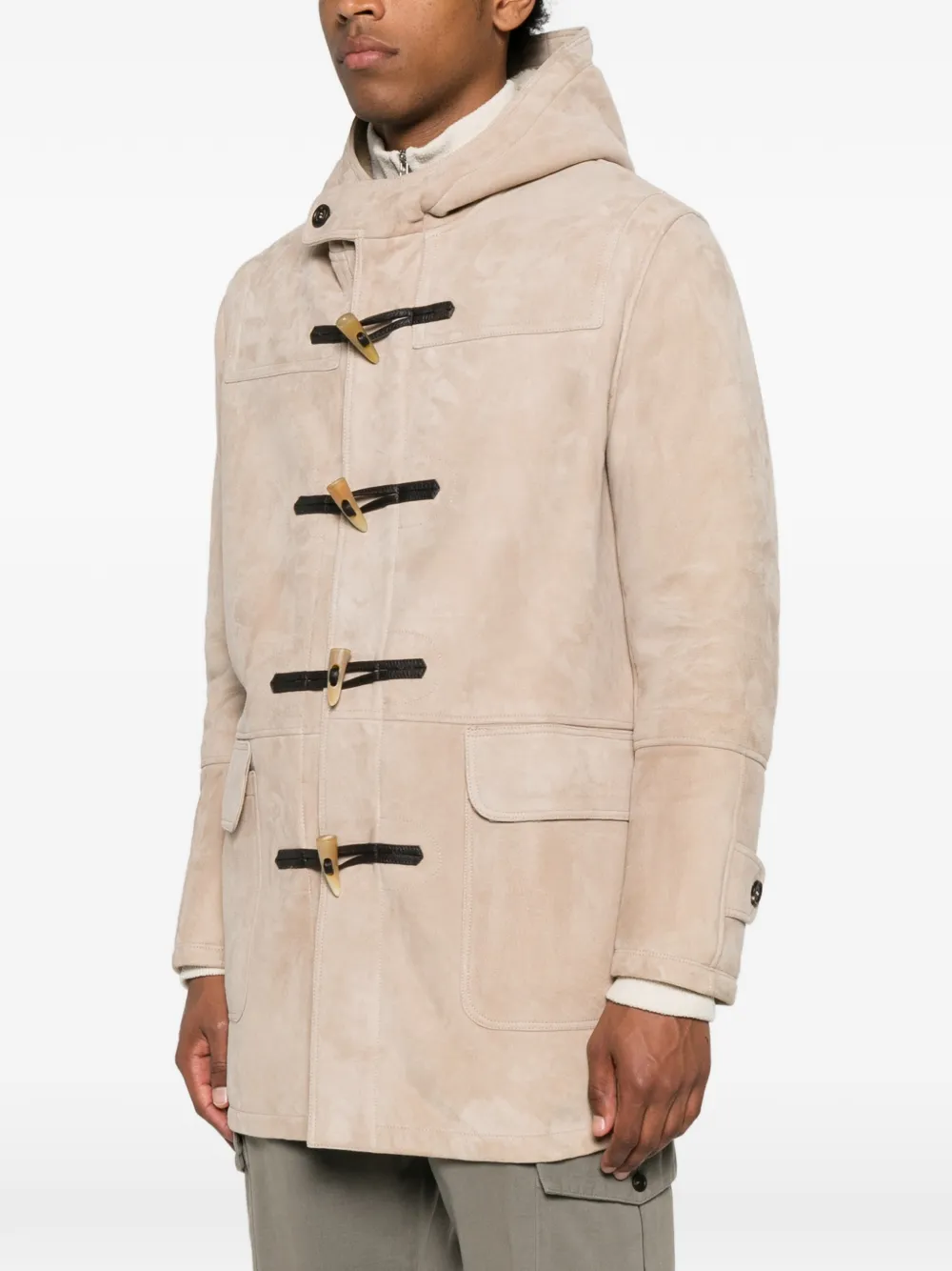 Eleventy Suède jas met capuchon en houtje-touwtje sluiting Beige