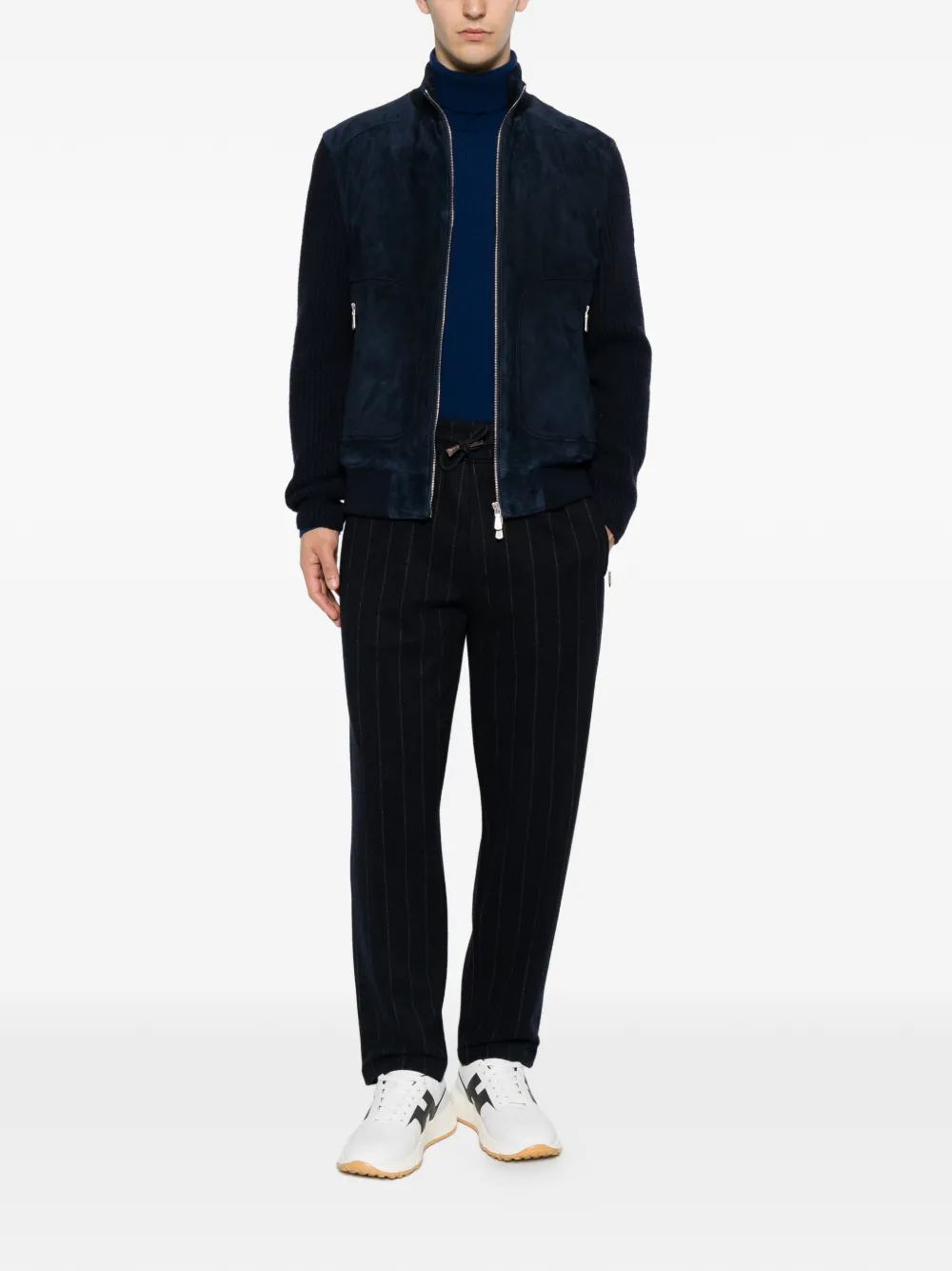 Eleventy Ribgebreid jack met suède vlakken Blauw