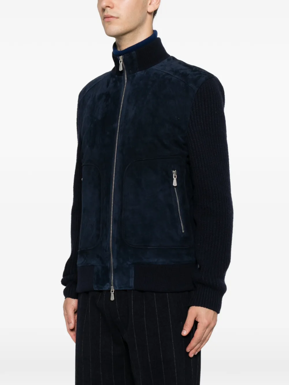 Eleventy Ribgebreid jack met suède vlakken Blauw