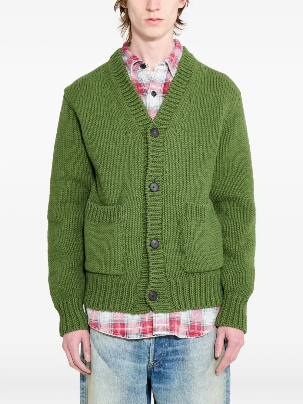 Auralee front-pocket knitted cardigan - Verde