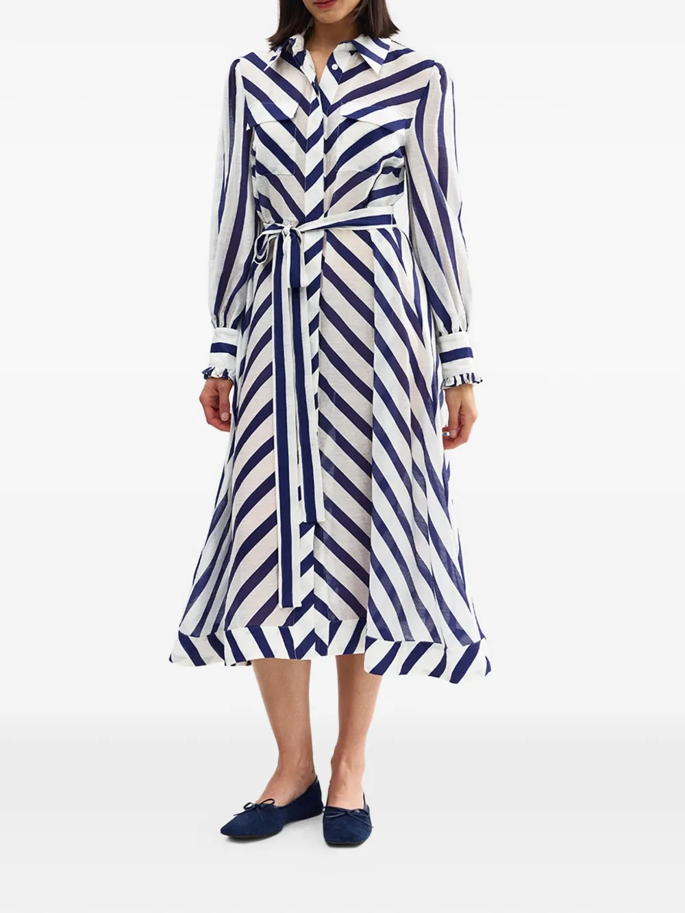 Aston Studio Yasmine Striped Ruffled-cuff Midi Dress In Blue