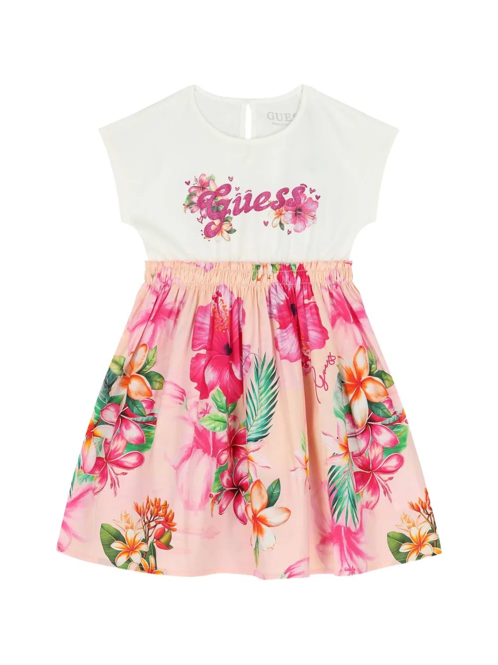 guess kids floral-print glitter-logo dress - Rosa