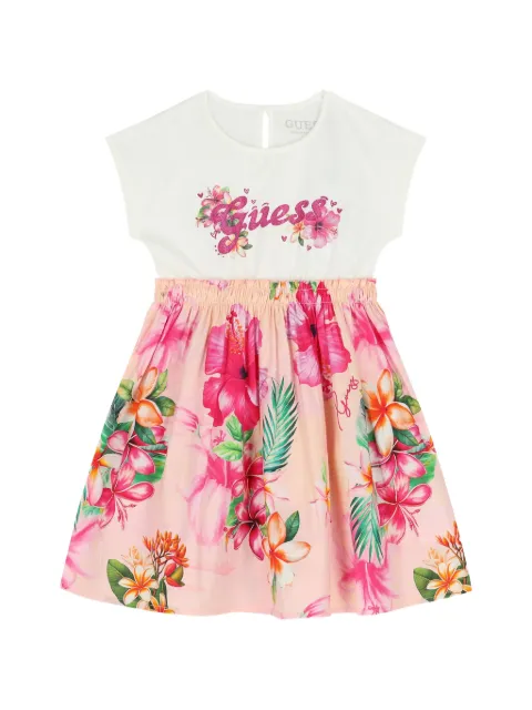 guess kids floral-print glitter-logo dress