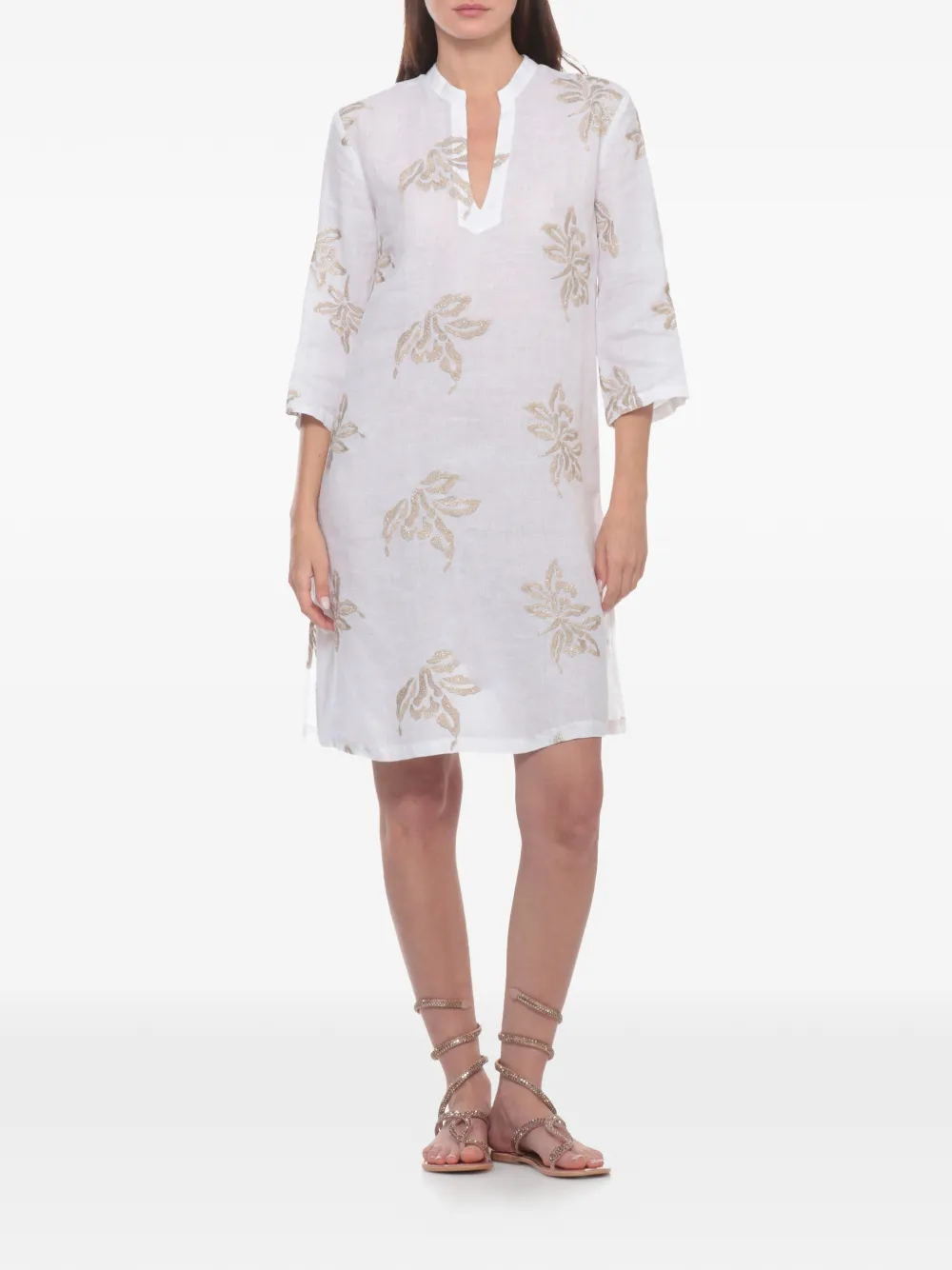 120% Lino embroidered V-neck mini dress - White