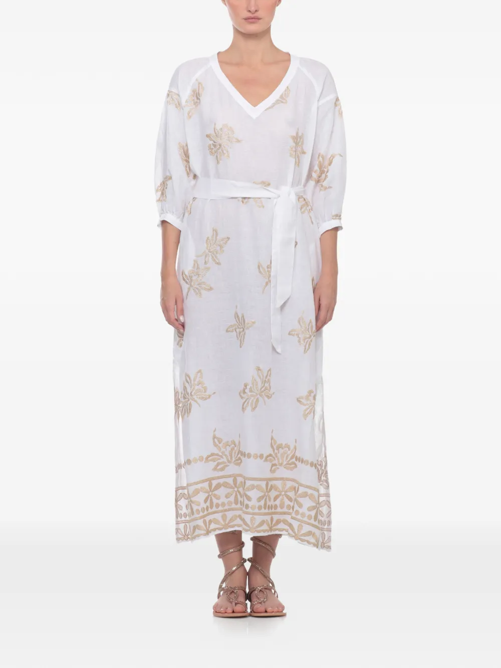 120% Lino Midi-jurk met geborduurde bloemen Wit