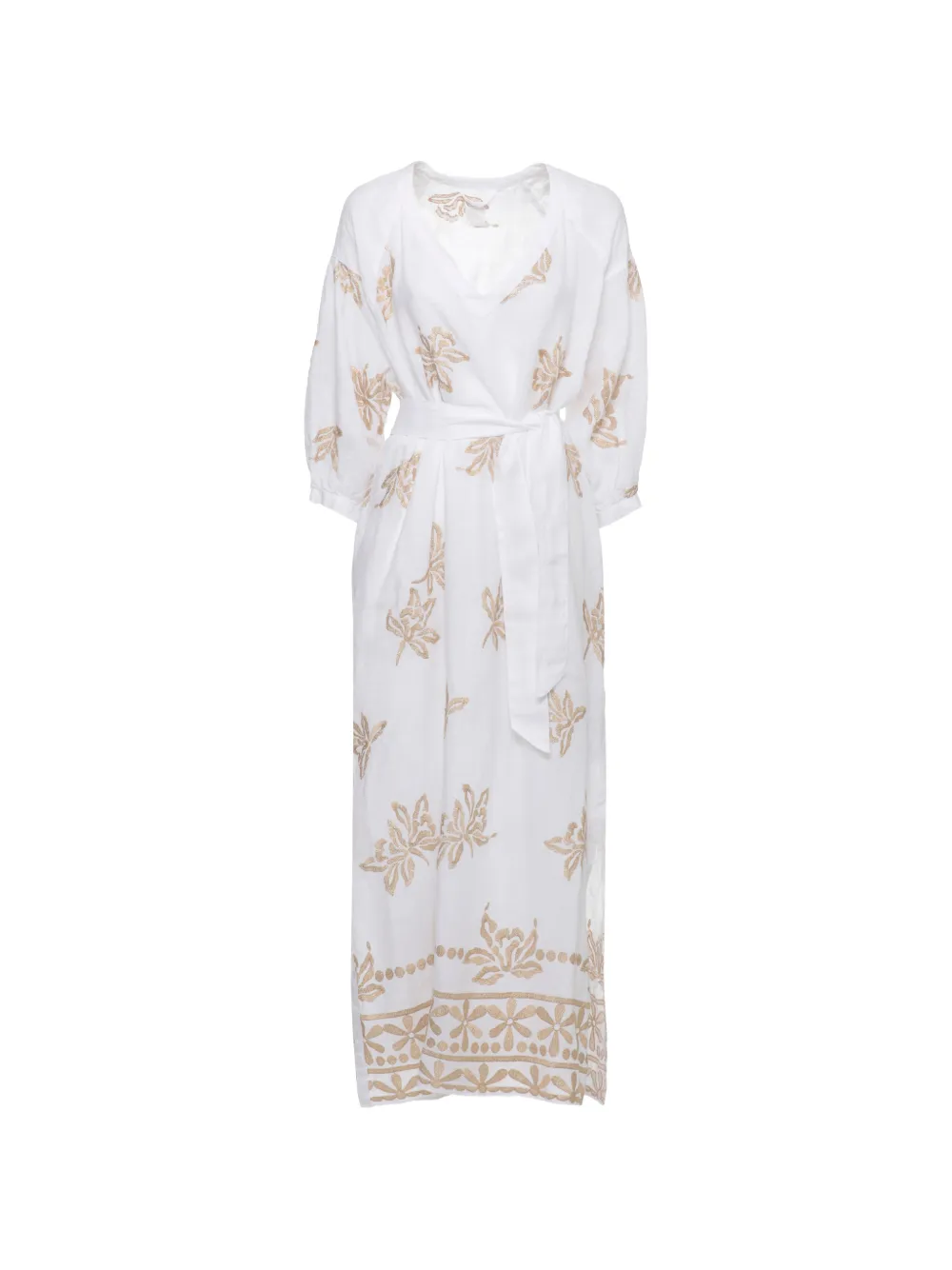 120% Lino floral-embroidered belted dress - White