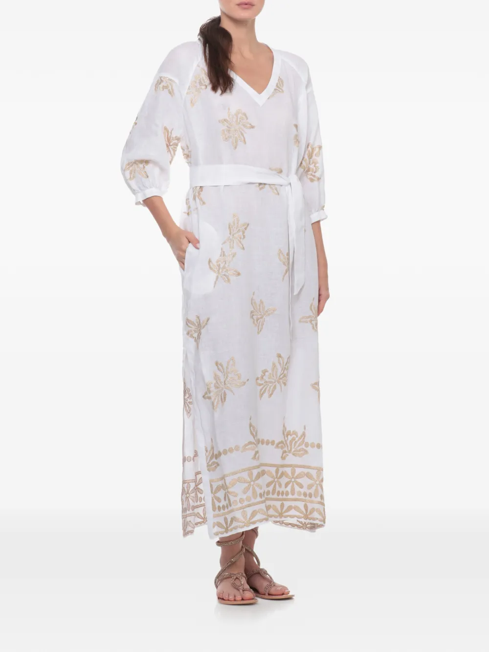 120% Lino Midi-jurk met geborduurde bloemen Wit