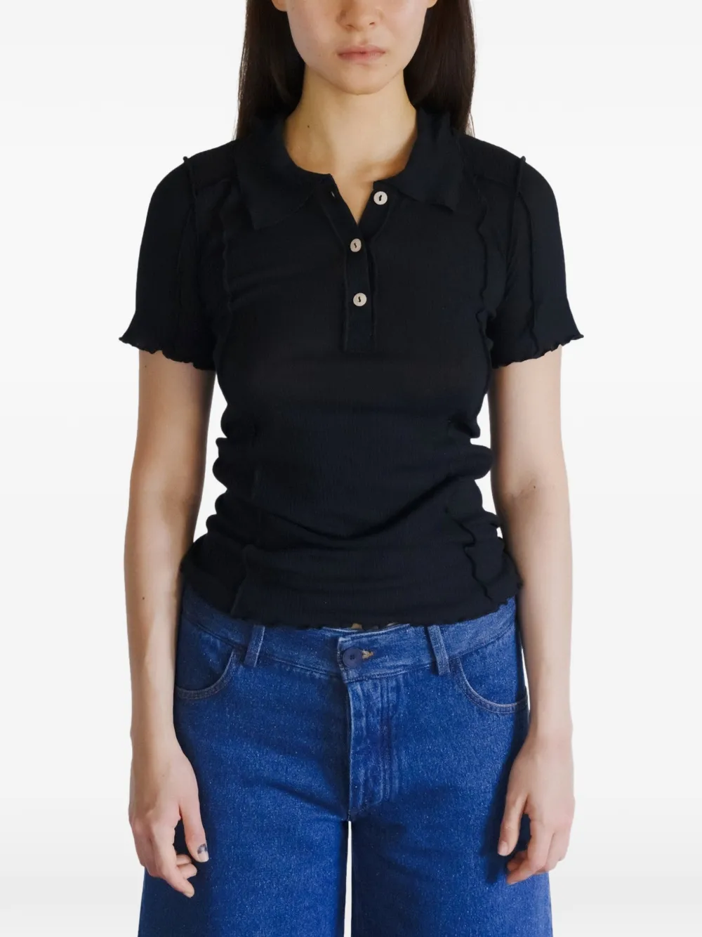 Baserange Omato ribgebreid polo T-shirt Zwart