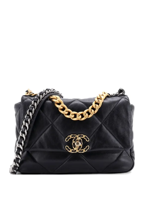 Chanel Pre-owned 19 Flap Bag Quilted Stitched Lambskin Medium Shoulder Bag in Black