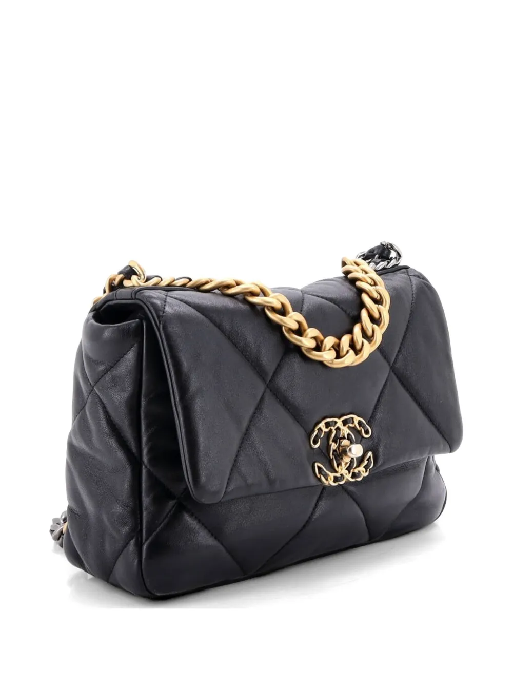 Chanel Pre-owned 19 Flap Bag Quilted Stitched Lambskin Medium Shoulder Bag in Black, view 3