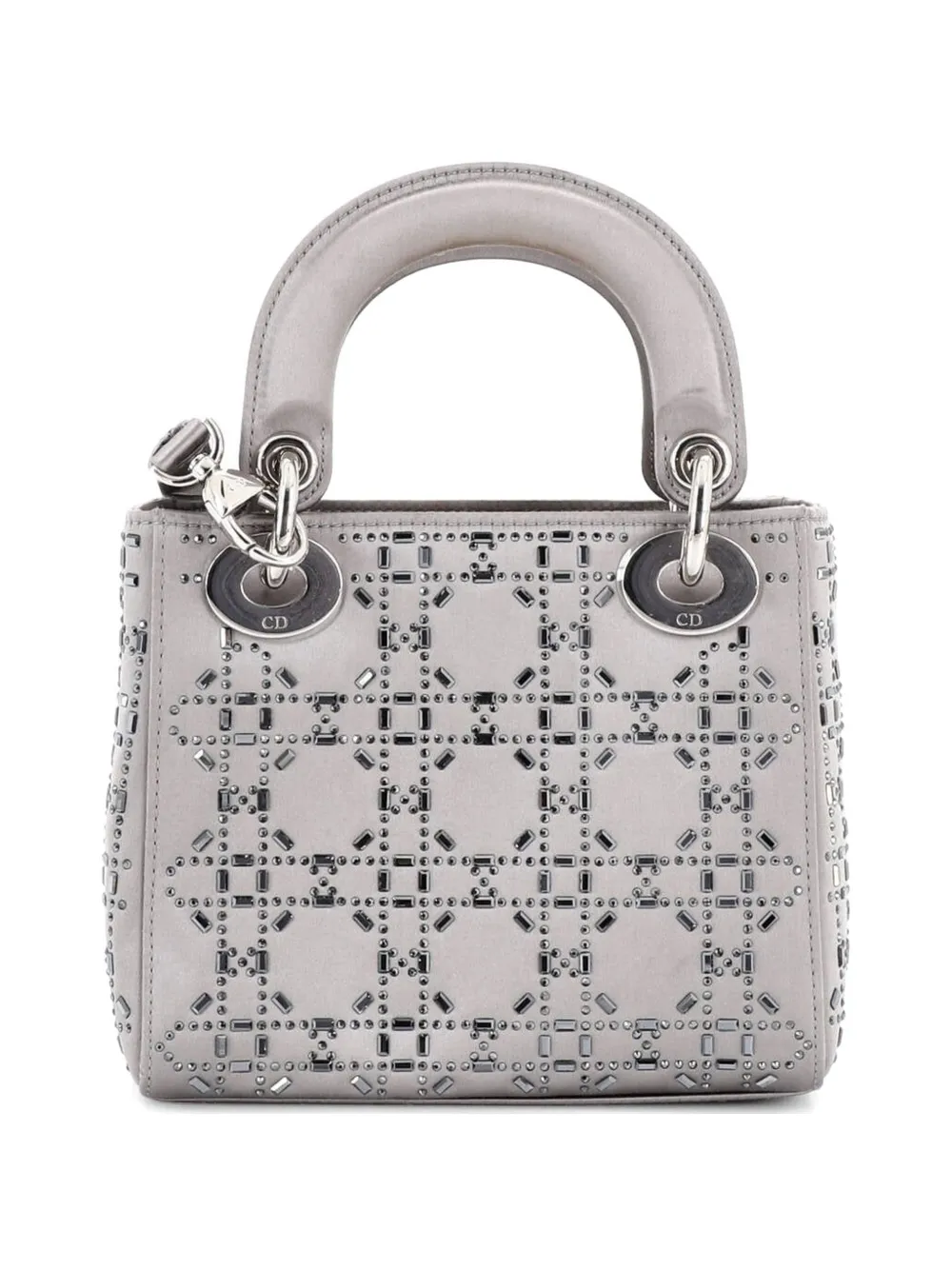  Christian Dior Pre-owned Borsa A Tracolla Lady Dior Mini In Raso Trapuntato Con Motivo Cannage E Cristalli - Grigio 