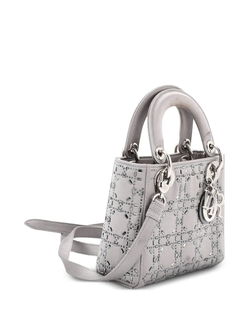  Christian Dior Pre-owned Borsa A Tracolla Lady Dior Mini In Raso Trapuntato Con Motivo Cannage E Cristalli - Grigio 