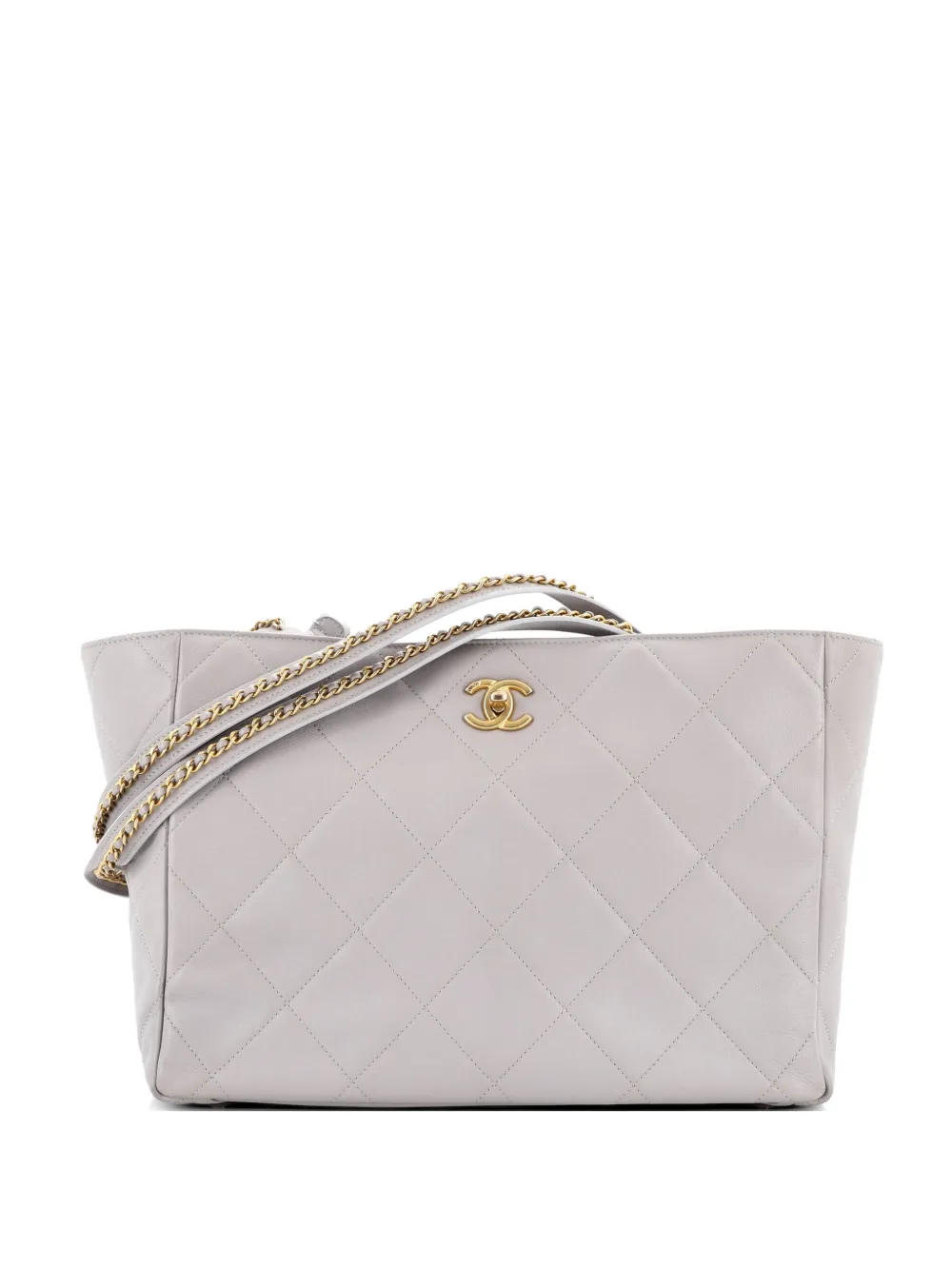 Pre-owned Chanel Chain Strap Shopping Quilted Calfskin Large Tote Bag In Gray