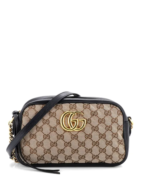 Gucci Pre-owned GG Marmont Shoulder Bag Diagonal Quilted GG Canvas with Leather Small Crossbody Bag in Black