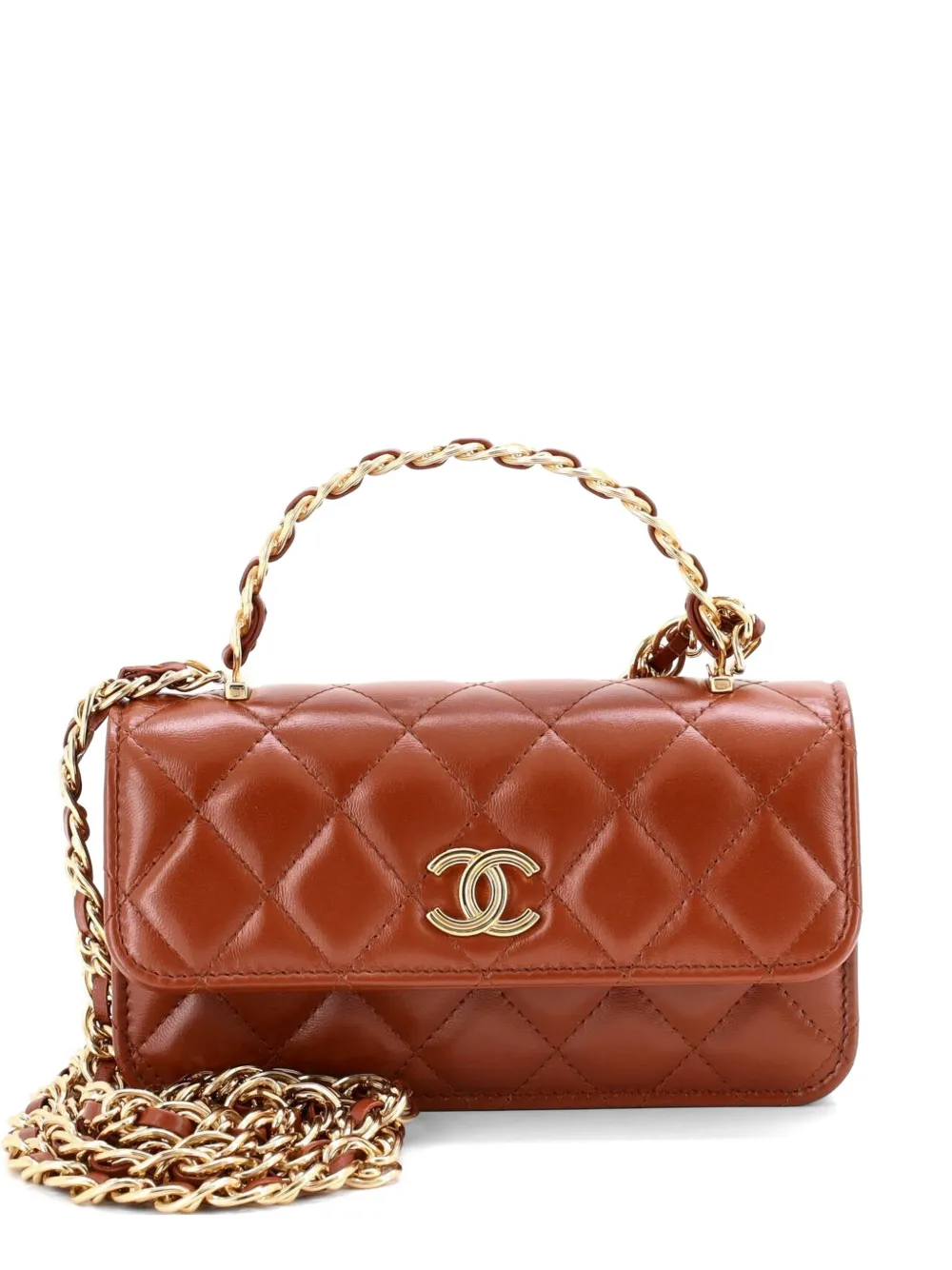 CHANEL Pre-Owned Golden Links Top Handle Phone Holder with Chain Quilted Shiny Lambskin crossbody bag - Marrone