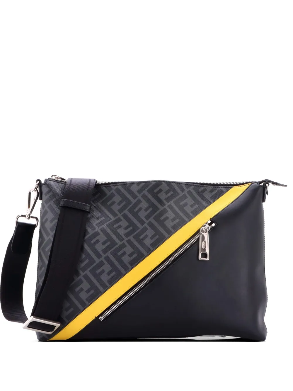Fendi Pre-Owned Front Zip Messenger Zucca Coated Canvas and Leather Large crossbody bag - Nero