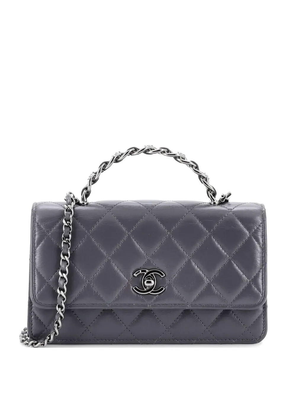 Pre-owned Chanel Top Handle Phone Holder With Chain Quilted Lambskin With Crystals Satchel In Gray