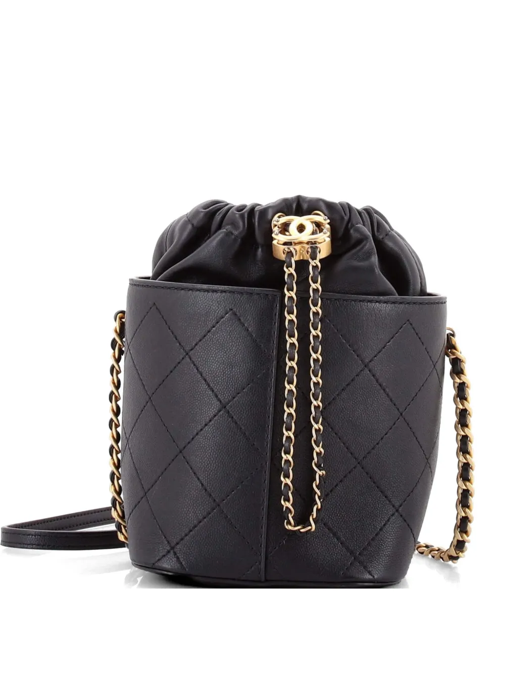 CHANEL Pre-Owned CC Drawstring Quilted Caviar with Lambskin Small bucket bag - Nero