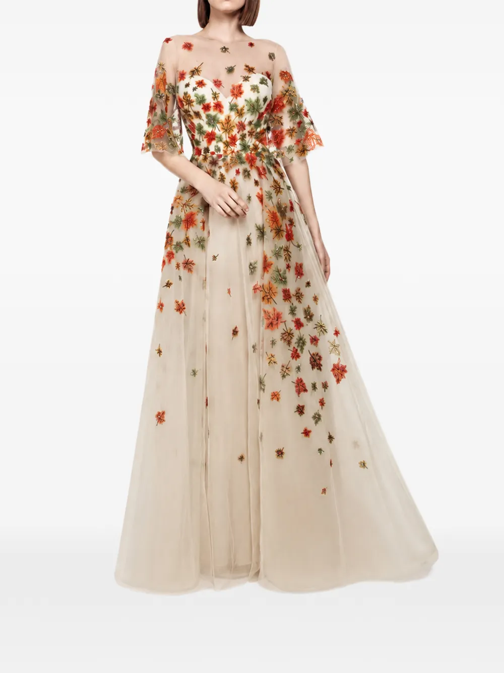 Gemy Maalouf Jurk met geborduurd blad en open rug Beige