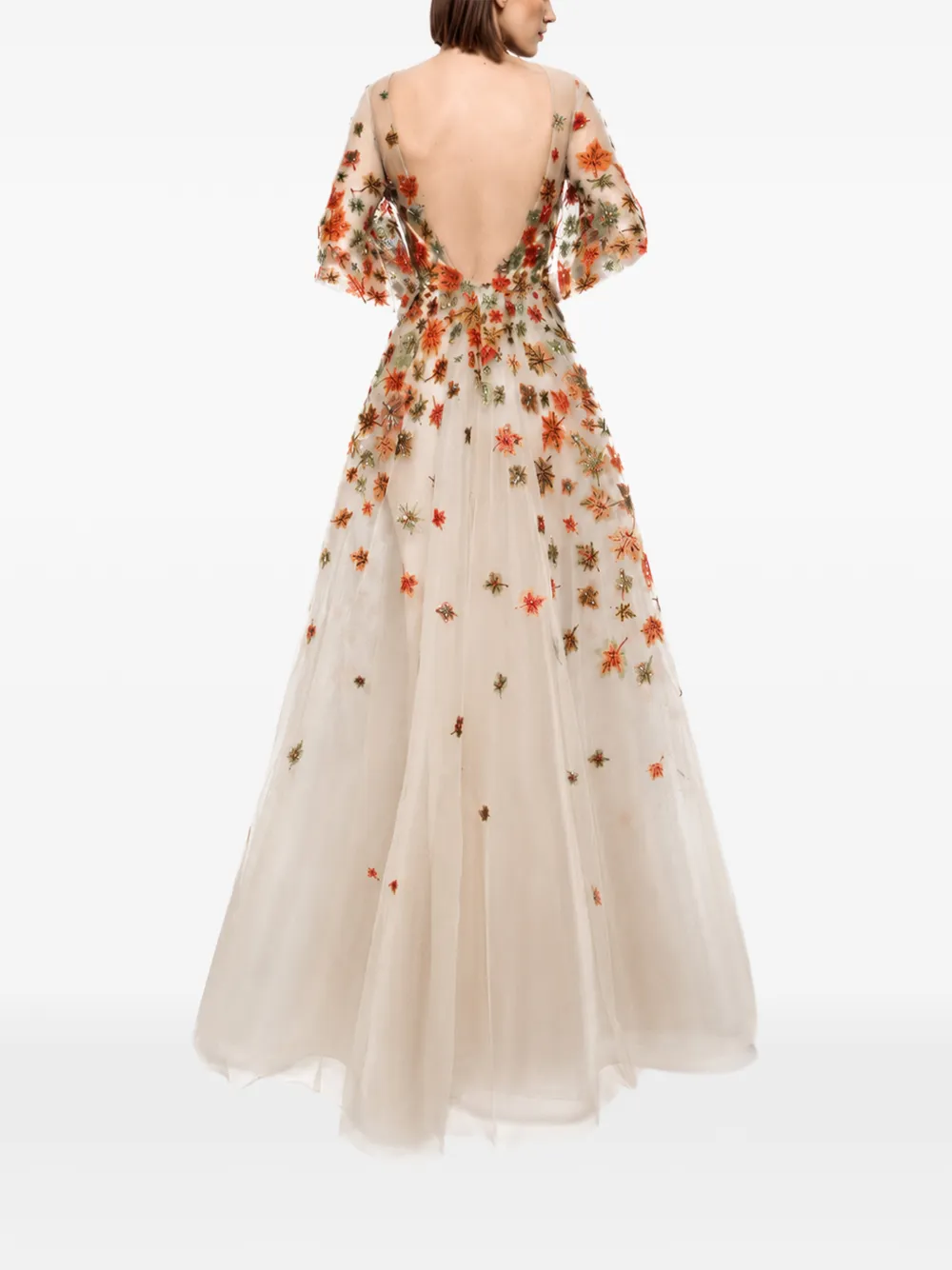 Gemy Maalouf Jurk met geborduurd blad en open rug Beige