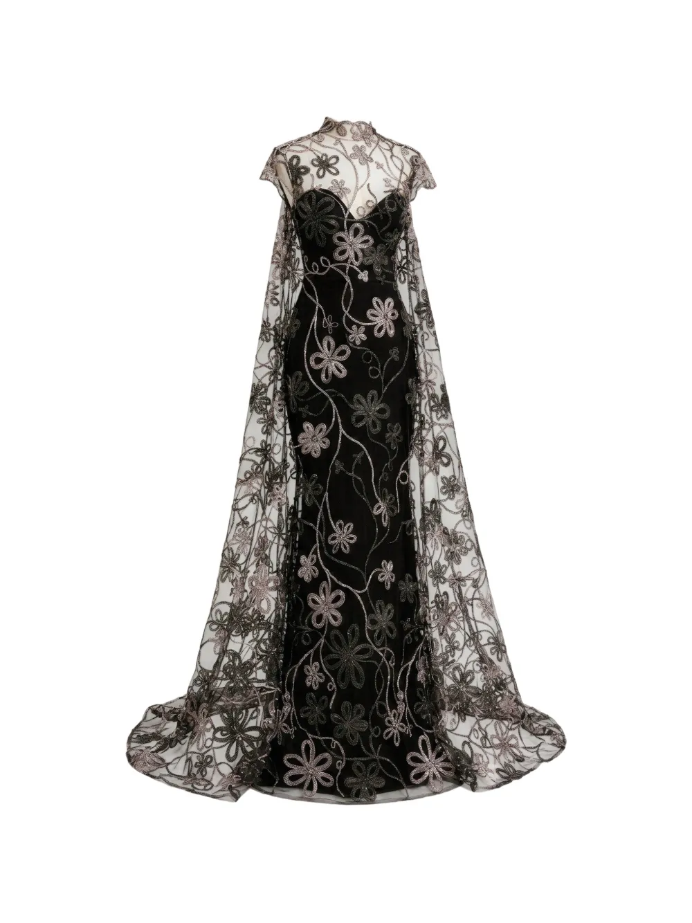 Gemy Maalouf cape-back floral-embroidered dress