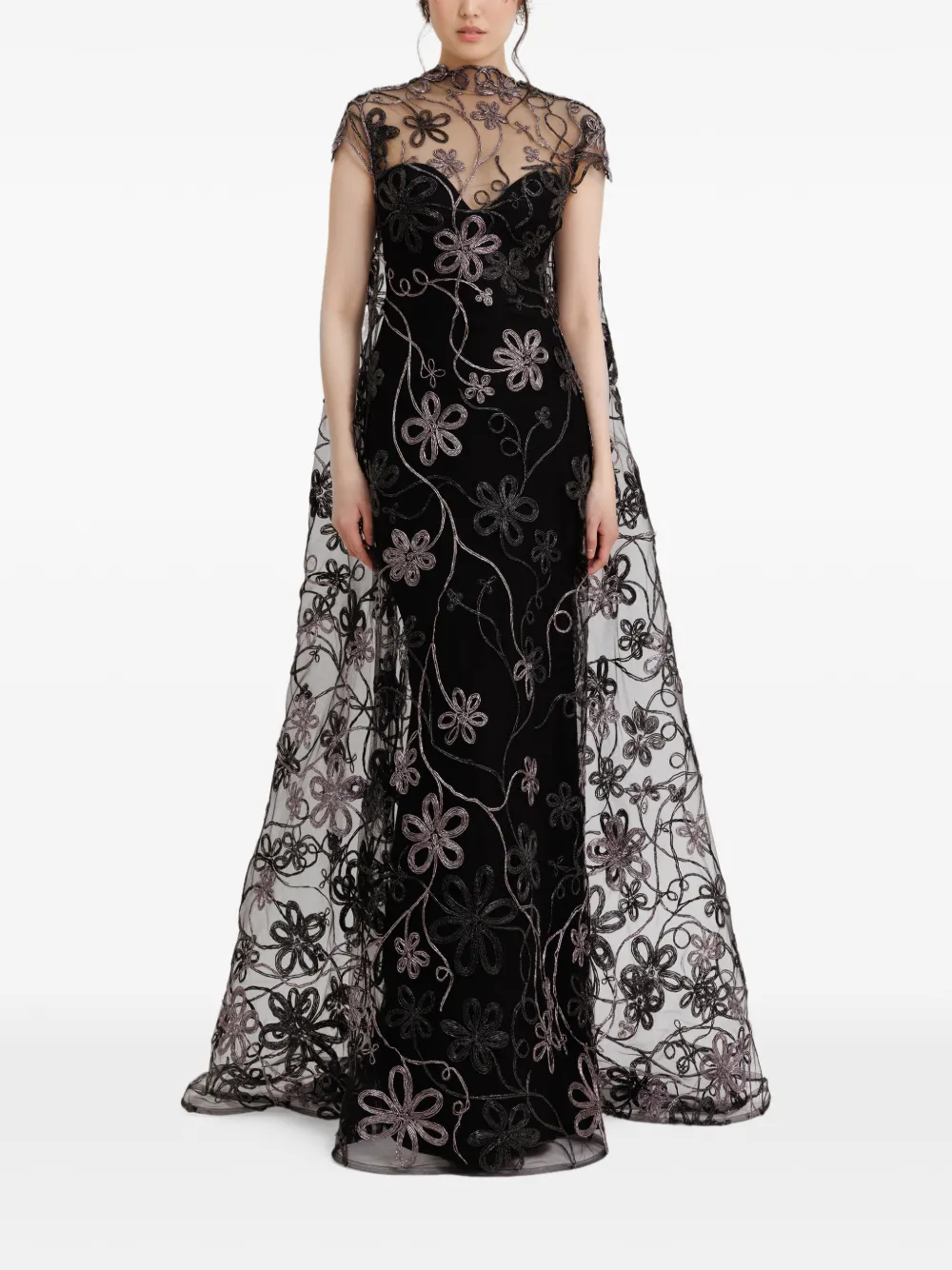 Gemy Maalouf Jurk met geborduurde bloemen en cape Zwart